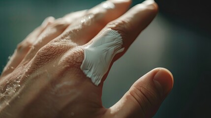 Close-up of a hand applying a transdermal drug patch on skin.