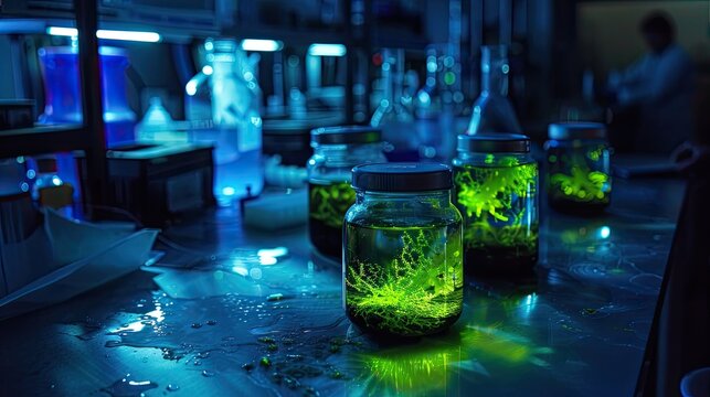 Close-up of glowing bioluminescent algae in a dark lab setting, studied for medical applications.