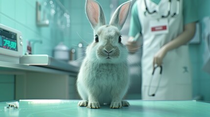 Rabbit spaying campaign, veterinary staff, informative posters, caring atmosphere.