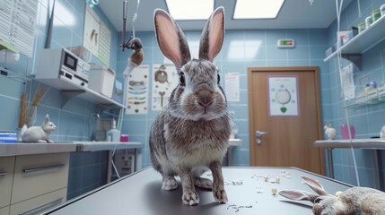 Rabbit spaying campaign, veterinary staff, informative posters, caring atmosphere.