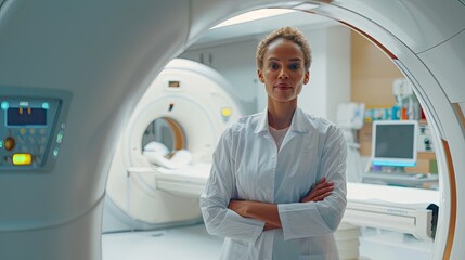 Radiology technician explaining the safety procedures for a full-body CT scan.