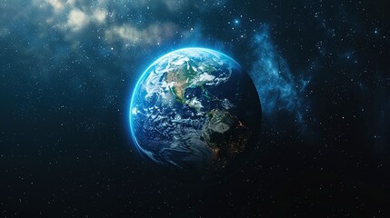Obraz premium Earth’s majestic continents, oceans, and clouds against a cosmic backdrop. Blue planet floating in the star-studded universe