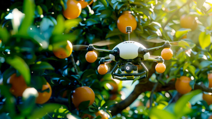 White remote controlled flying over bunch of oranges in tree.