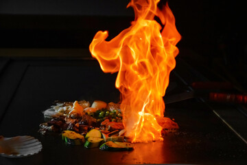 chef's hands with spatula over teppanyaki. Teppan show