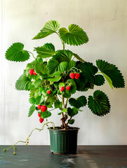 Potted plant with red berries on top of wooden table next to white wall.
