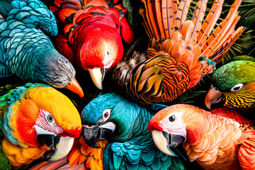 Group of colorful birds sitting next to each other on top of each other.