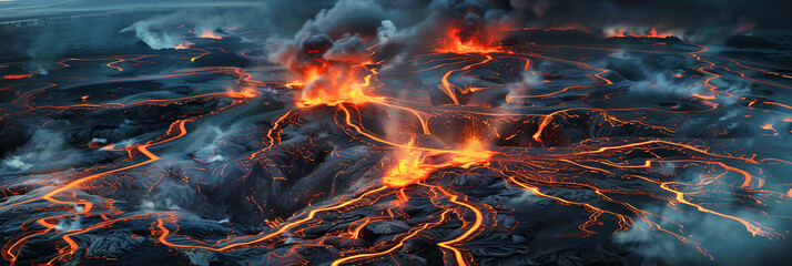 Aerial View of Volcanic Eruption with Flowing Lava and Smoke