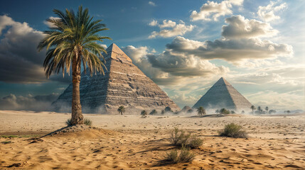 desert landscape with a palm tree in the foreground and two pyramids in the background