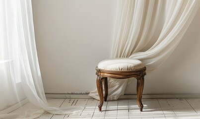 An old chair by the window and a white curtain. A place to rest