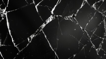 Broken glass cracks texture on black background. Sharp Lines on Clear Glass.
