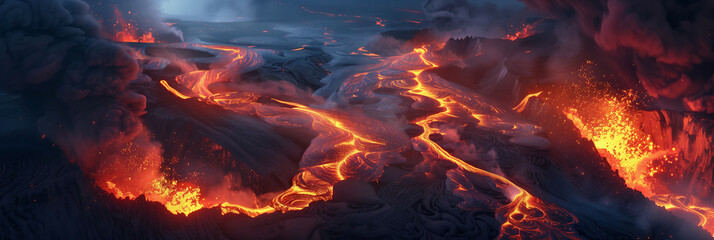 Aerial View of Molten Lava Flowing from Volcanic Eruption