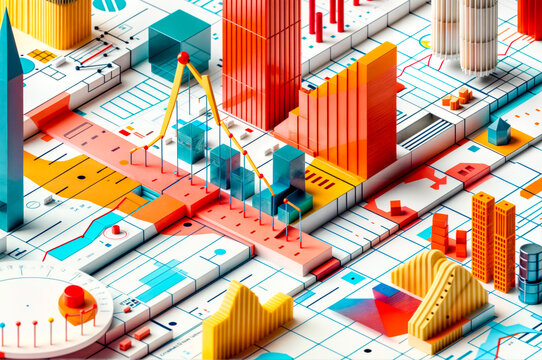 A colorful cityscape with buildings and a clock on the left side