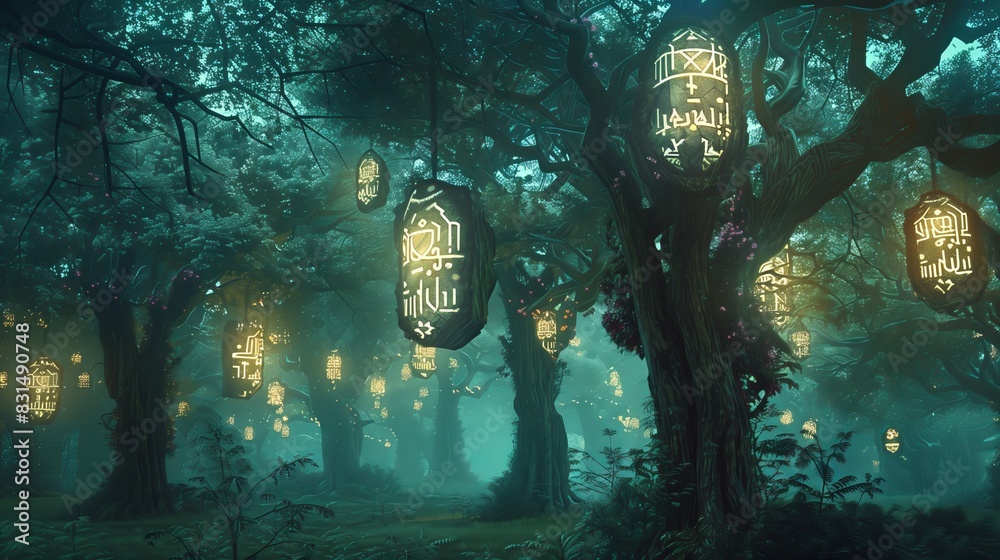 Wall mural a mystical forest with ancient runes etched in trees, creating an enchanting gallery of forgotten le