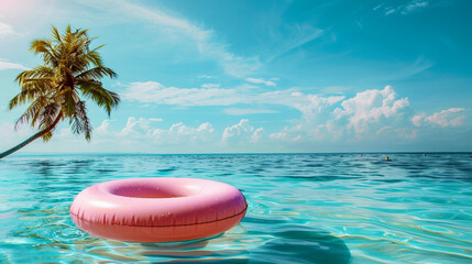 Obraz premium Pink lifebuoy on the water, in the sea, close-up