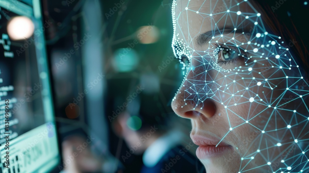 Poster Close-up of a woman analyzing data on a computer screen with digital patterns. Concept of cyber security, face recognition, and biometric authentication.