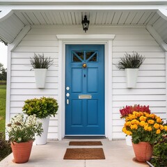 blue front door of a white modern farmhouse