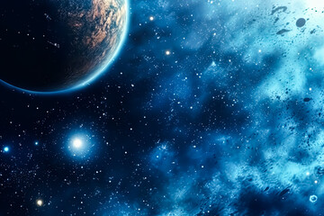 Obraz premium A blue and white space with two planets and a lot of rocks.