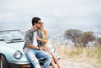 Couple, happy hug and road trip journey by car in summer vacation for freedom, love and adventure together. Care, man and woman travel for holiday, people and outdoor by vehicle for romance on break