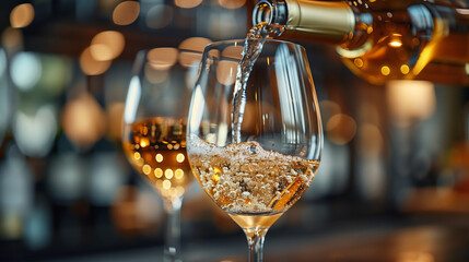 A glass of white wine is poured into a wine glass