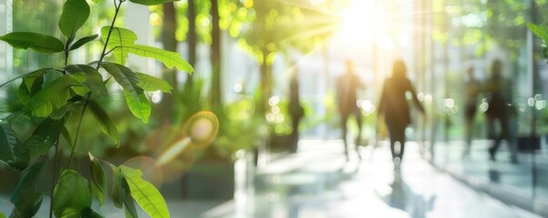 blurred background of walking people in modern green business building