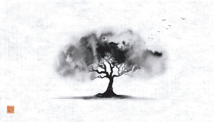 Big tree with wide crown in a field. Traditional oriental ink painting sumi-e, u-sin, go-hua on rice paper background. Translation of hieroglyph - perfection
