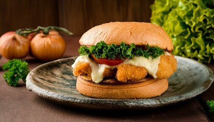 Crispy chicken burger with cheese, tomatoes, onions and lettuce