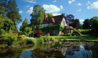 Obraz premium English traditional house with a large green garden and a pond in front