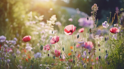 Red poppies and other colorful wildflowers in a meadow, sunny day, Generative AI