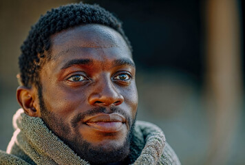 Joyful and optimistic black man wearing a towel while exercising outdoors. 
