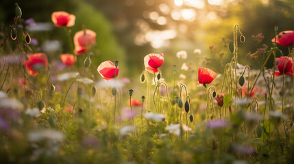 Fototapeta premium Red poppies and other wildflowers in a meadow, sunny day, Generative AI