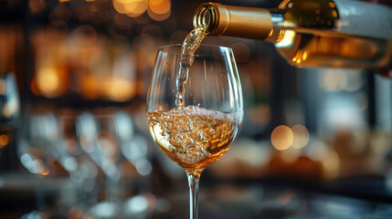 A glass of white wine is poured into a wine glass