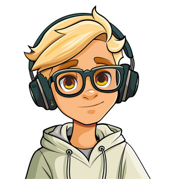 recommend clip art: young man with blonde hair wearing glasses and headphones . png . clip art . vector cartoon art style . remove background 