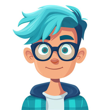 recommend clip art: young man with blue hair wearing glasses . png . clip art . vector cartoon art style . remove background 