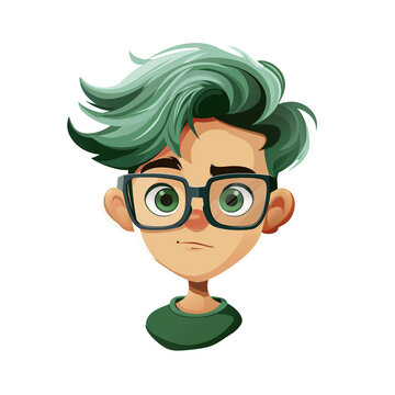 recommend clip art: young man with green hair wearing glasses . png . clip art . vector cartoon art style . remove background 