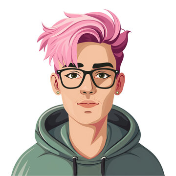 recommend clip art: young man with pink hair wearing glasses . png . clip art . vector cartoon art style . remove background 