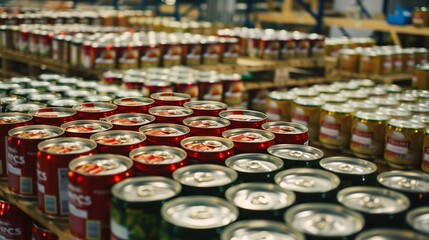Photograph of food cans, labeled in an industrial environment. Pallets of canned goods in the factory.