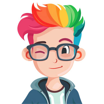 recommend clip art: young man with rainbow hair wearing glasses . png . clip art . vector cartoon art style . remove background 