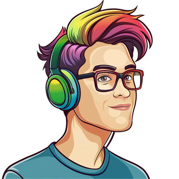 recommend clip art: young man with rainbow hair wearing glasses and headphones . png . clip art . vector cartoon art style . remove background 