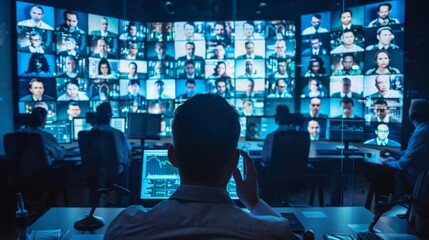 Large control room with numerous screens displaying faces in a surveillance system. High-tech...