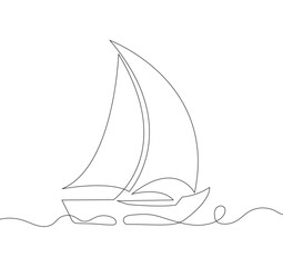 Sailing boat in continuous line drawing style. Black outline of a yacht on a white background.