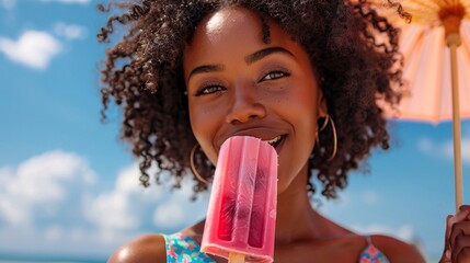 Portrait of smiling black woman with popsicle on the summer nature background.