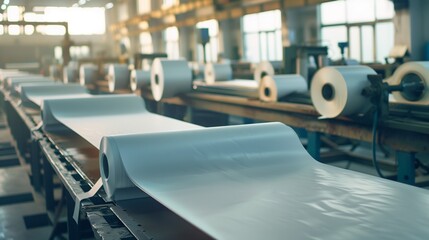 Fototapeta premium Photograph of paper rolls, bulk in an industrial environment. Rolls of printing paper in the factory.