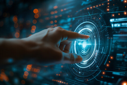Digital technology, internet network connection concept. Finger touching on virtual screen with futuristic technology background, hand pushing the button on a touch screen interface
