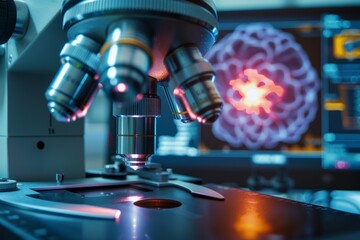 Advanced microscope focused on a specimen for brain study, with digital brain analysis on screen
