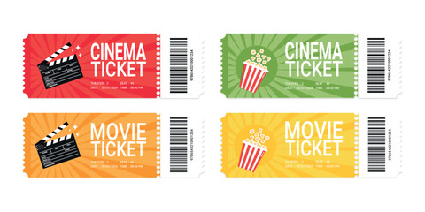 Modern movie or cinema ticket design set. Realistic front view. Cinema ticket template. Vector illustration