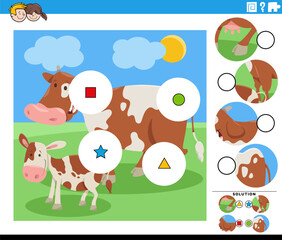 match the pieces game with cartoon cow and calf farm animals