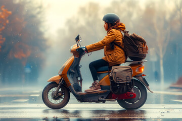 Person riding scooter with back pack on the back.