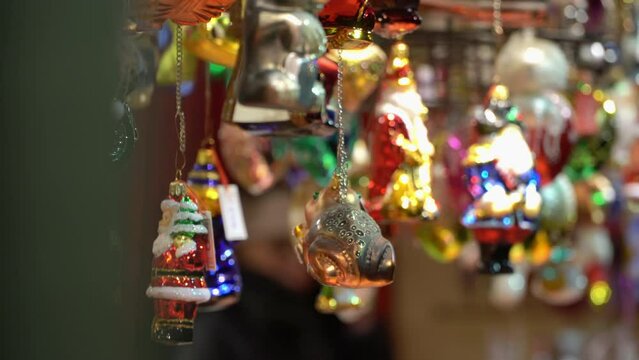 Colorful Christmas and New Year decorative toys at the traditional Christmas market in central Vienna, Austria