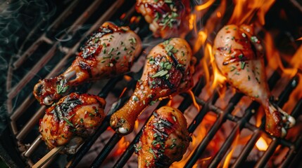 Grilled seasoned juicy chicken drumsticks over flame on a barbecue, top view