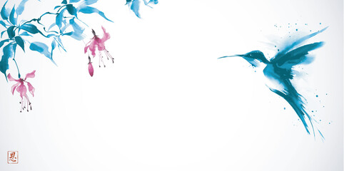 Ink wash painting of fuchsia flowers and hummingbird in flight. Traditional oriental ink painting sumi-e, u-sin, go-hua. Hieroglyph - grace © elinacious